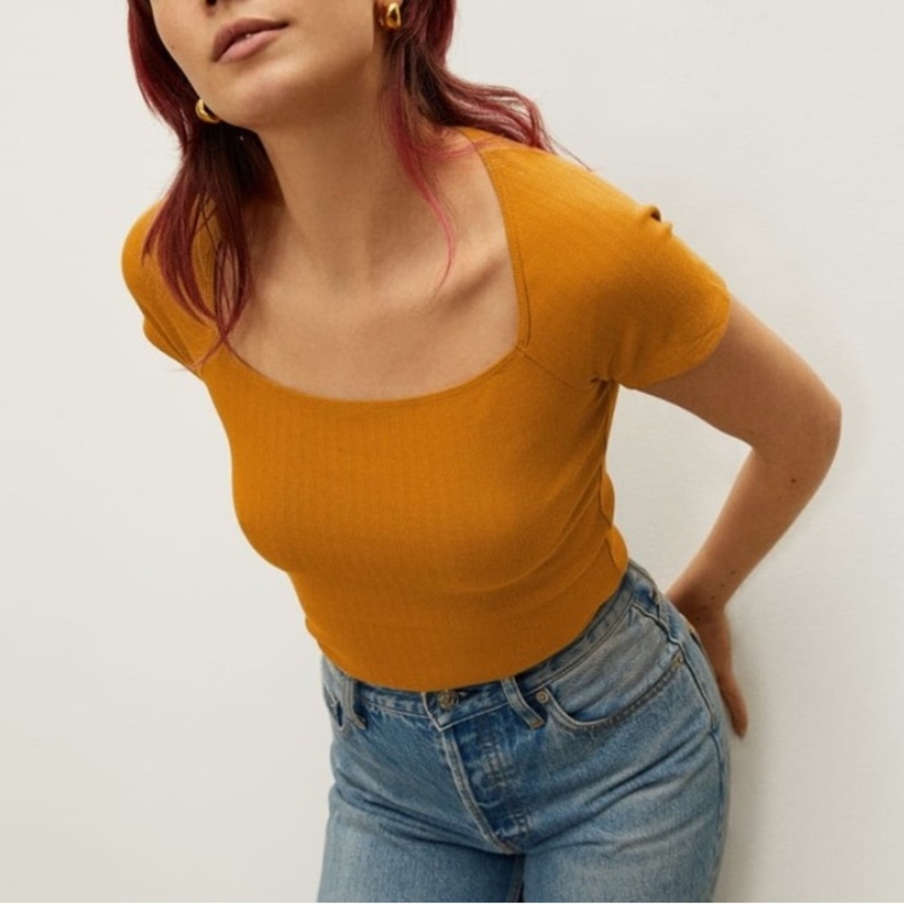 Everlane Mustard Square-Neck Short Sleeve Rib Tee